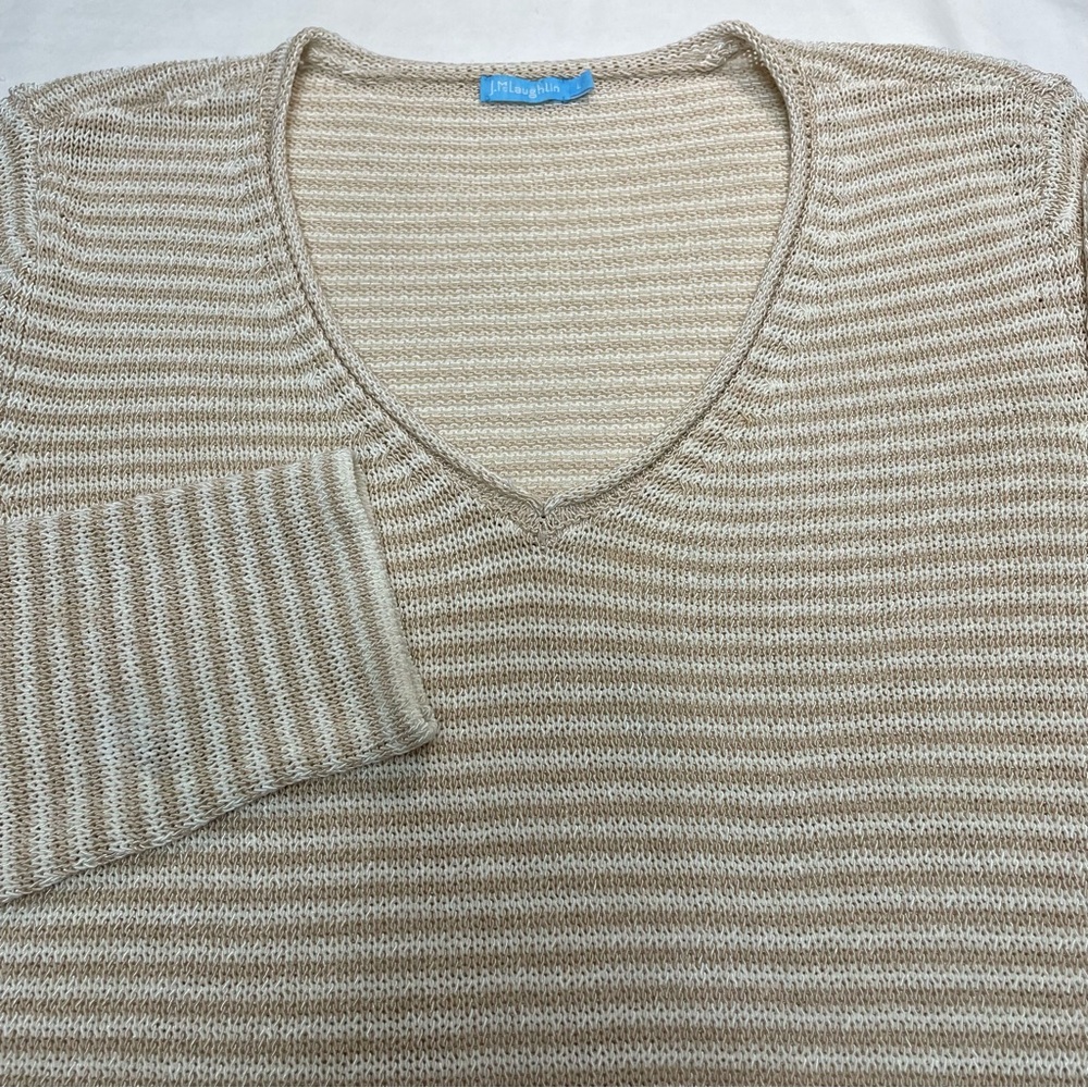 J. McLaughlin Knit Sweater Beige Striped V-Neck Cotton Blend Women’s Large